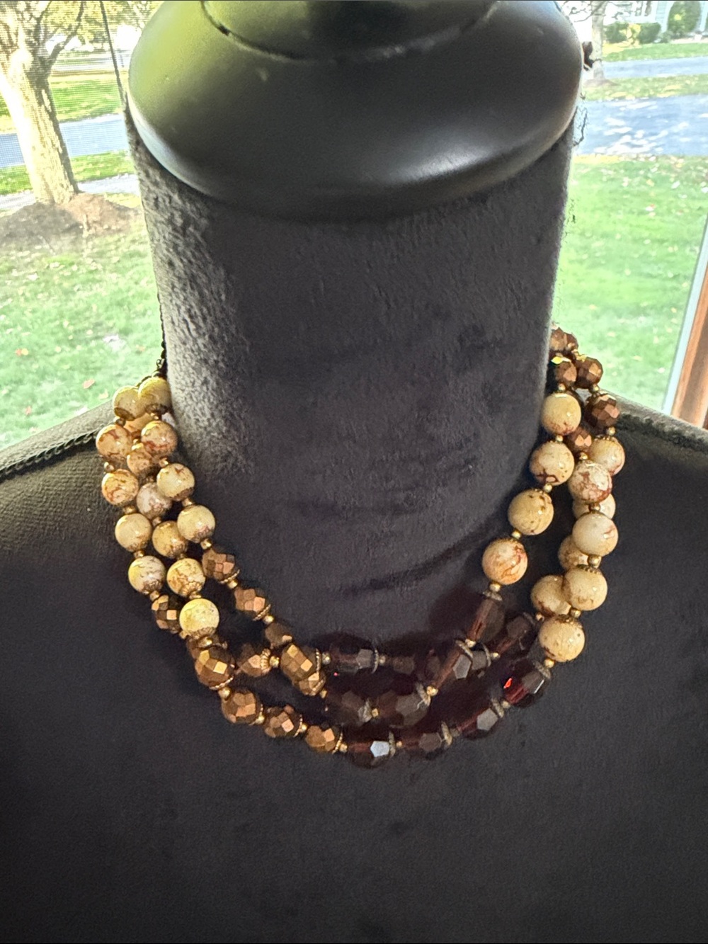 Vintage Multi-Strand Brown and Cream Acrylic and Glass Beaded Choker Necklace